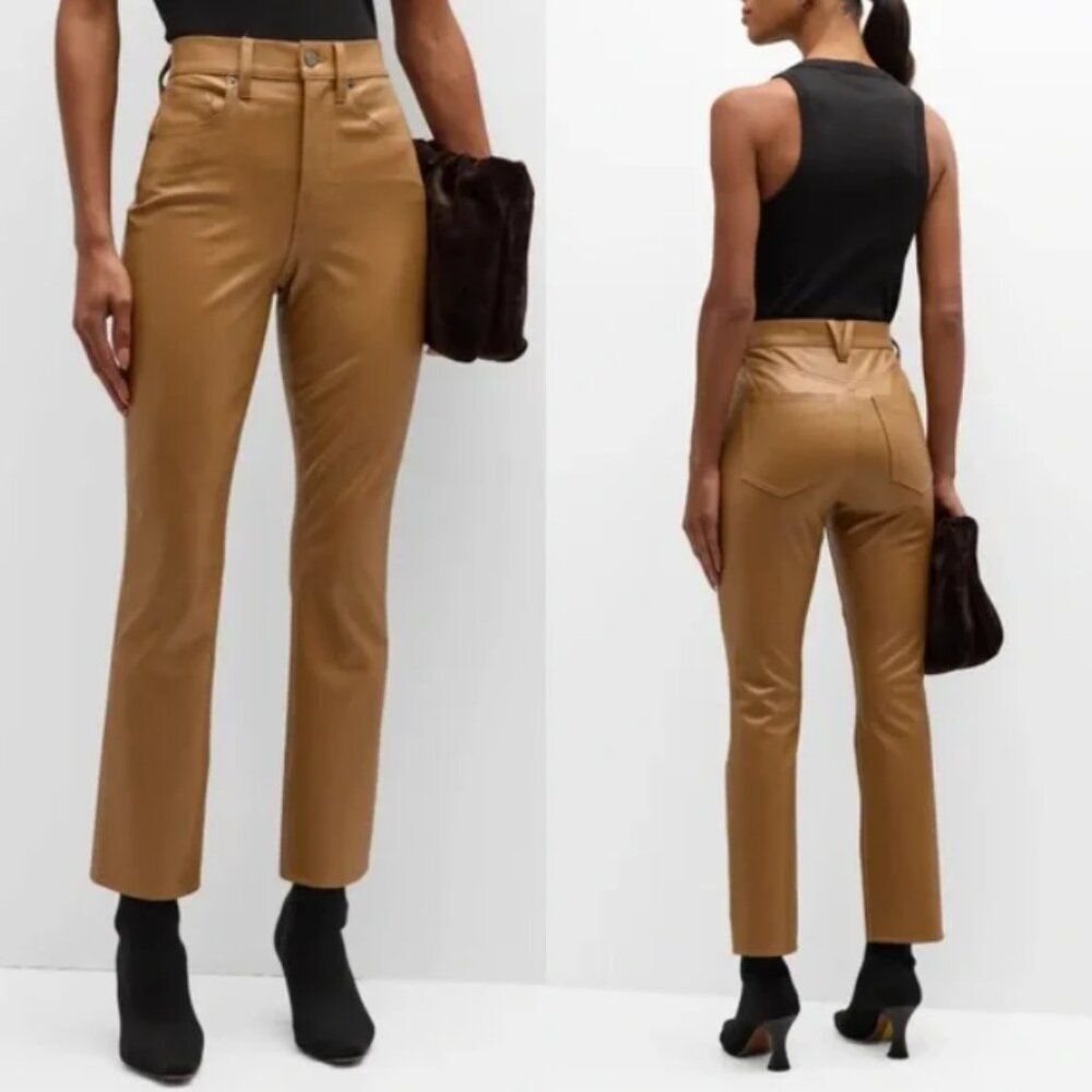 Veronica Beard Carly Vegan Leather Kick Flare Pants in Cognac Size 29 New